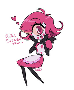 1_eye clothing dress female not_furry simple_background solo text white_background enaic31 hazbin_hotel hellaverse niffty_(hazbin_hotel) cyclops demon demon_humanoid humanoid hi_res japanese_text translation_request