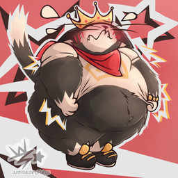 anthro belly big_belly black_body blush bodily_fluids clothing crown embarrassed fangs fluffy footwear headgear male navel obese overweight shirt shoes solo star sweat teeth tight_clothing topwear whiskers white_body wide_hips justwatchingthings atlus megami_tensei persona_(series) persona_5 sega morgana_(persona) domestic_cat felid feline felis mammal tuxedo_cat hi_res