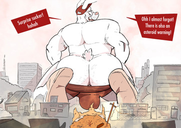 anthro back_muscles big_butt body_hair boxers_down building bulge butt butt_hair city clothed clothing destroyed_house dialogue duo fart fart_cloud fur hat headgear headwear larger_male laugh looking_at_another looking_back looking_back_at_another macro male male/male muscular muscular_anthro muscular_arms muscular_male neighborhood partially_clothed partially_clothed_anthro partially_clothed_male prank property_damage size_difference smaller_male speech_box text underwear underwear_down white_body white_fur dudenahuel nahuel_(dudenahuel) richard_(dudenahuel) canid canine lagomorph leporid mammal maned_wolf rabbit 2023 absurd_res colored_sketch english_text hi_res sketch