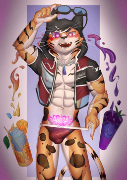 abs alcohol anthro balls_outline beverage blush bottomwear brown_hair bulge chain_necklace clothed clothing clothing_pull cocktail cropped_jacket detailed_bulge exposed_chest eyewear fur furgonomics genital_outline genitals goggles hair half-erect heart_eyes heart_symbol hood hoodie jacket jewelry looking_at_viewer male male_anthro navel necklace nipples open_clothing open_topwear pecs penis penis_outline pink_nipples sharp_teeth simple_background solo standing striped_body striped_fur stripes tan_body tan_fur teeth teeth_showing topwear underwear underwear_pull whiskers womb_tattoo mars_4043 vtuber hachi_akiya domestic_cat felid feline felis mammal absurd_res hi_res