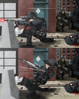 anthro blood bodily_fluids brick bullet duo female gun laser male military ranged_weapon text tire visor weapon jayk_(artist) resonant_evolution aaron_(jayk) alien canid human mammal absurd_res english_text hi_res