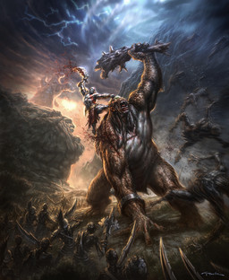 amazing_background armband armor axe blood bodily_fluids bottomwear bracelet clothing cloud club_(weapon) detailed_background duo_focus electricity fight group headgear helmet jewelry large_group lightning loincloth mace male melee_weapon not_furry pauldron plume scales sword weapon andyparkart god_of_war sony_corporation sony_interactive_entertainment gaia_(god_of_war) kratos cyclops deity human humanoid mammal detailed