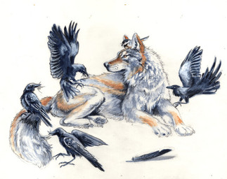 ambiguous_gender black_body black_eyes black_feathers brown_body brown_eyes brown_feathers brown_fur claws feathered_wings feathers feral flying fur grey_body grey_fur group lying pawpads simple_background sitting standing white_background white_body white_feathers white_fur wings heather_bruton avian bird canid canine canis chickadee corvid corvus_(genus) crow mammal oscine passerine tit_(bird) wolf 2026 acrylic_painting_(artwork) colored_pencil_(artwork) painting_(artwork) traditional_media_(artwork) traditional_painting_(artwork)