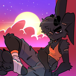 anthro arm_tuft band-aid band-aid_on_face band-aid_on_nose bandage bandage_on_face bandage_on_nose black_body black_fur bottomwear cheek_tuft chest_tuft clothing crop_top eyewear eyewear_on_head facial_tuft footwear fur glasses glasses_on_head grey_body grey_fur half-closed_eyes male narrowed_eyes pants shirt shorts shoulder_tuft socks solo sunglasses sunglasses_on_head synthwave toeless_footwear toeless_socks topwear torn_bottomwear torn_clothing torn_pants torn_shorts tuft xing1 nick_(xing1) lagomorph leporid mammal rabbit 1:1 absurd_res hi_res