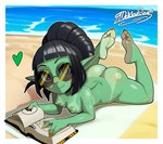 bangs beach big_butt black_hair book breasts butt casual_nudity colored_nails eyewear eyewear_only feet female freckled_breasts freckled_butt freckled_face freckled_shoulders freckles glasses glasses_only green_body green_skin hair heart_symbol humanoid_feet looking_at_viewer nails nude open_book plantigrade reading reading_book round_glasses seaside small_breasts smile snaggle_tooth solo sunglasses wearing_glasses yellow_nails delicioussoup goblin humanoid hi_res