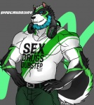 abs anthro athletic beard belt biceps big_muscles biped black_body black_fur blue_hair bottomwear claws clothing electronics facial_hair fur green_body green_fur grey_body grey_fur grin hair headphones male muscular muscular_anthro muscular_male orange_body orange_fur pants pecs pose shirt smile solo standing tail teeth topwear vein white_body white_fur white_hair hentist aydenwusky canid canine canis domestic_dog husky mammal nordic_sled_dog spitz 2013