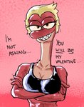 anthro bra breasts cleavage clothed clothing crossed_arms female holidays looking_at_viewer sharp_teeth solo teeth text underwear thedarkzircon amphibia_(series) disney valentine's_day general_yunan amphibian newt salamander 2021 english_text hi_res