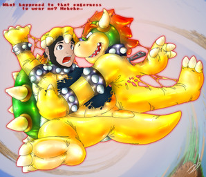 3_toes 4_fingers anthro clothing cosplay costume dialogue duo feet fingers forced forced_transformation glistening glistening_body goo_transformation latex latex_clothing looking_at_another male male/male sharp_teeth shocked suit suit_transformation takeover teeth toes transformation zipper stormdragonblue mario_bros nintendo bowser human koopa mammal scalie