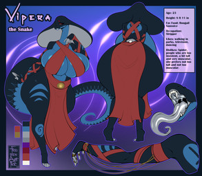 5_fingers arm_out arm_wrapping arm_wraps armwear big_breasts big_butt blue_body breasts butt clothed clothing dress eyebrows eyelashes fangs feet female fingers front_view gold_(metal) gold_jewelry gold_ring handwear huge_breasts jewelry looking_at_viewer markings non-mammal_breasts open_mouth orange_sclera rear_view red_clothing red_dress red_eyes ring scales serpentine simple_background smile snake_hood solo tail teeth text thick_thighs tongue tongue_out wide_hips wraps frozenartifice reptile scalie snake 2025 absurd_res digital_media_(artwork) english_text hi_res model_sheet