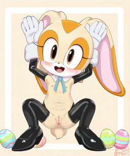 5_fingers accessory anthro anus armwear black_clothing black_footwear black_high_heels blush border bow_tie brown_eyes buckteeth butt butt_from_the_front clitoral_hood clothing costume crouching detached_sleeves dotted_background easter_egg eyelashes facial_markings female female_anthro fingers flat_chested floppy_ears footwear front_view fur genitals gloves hands_behind_head handwear head_markings high_heels holidays latex latex_armwear latex_clothing latex_detached_sleeves latex_legwear latex_stockings legwear lop_ears markings mask_(marking) mostly_nude mostly_nude_anthro mostly_nude_female navel necktie nipples open_mouth open_smile pattern_background raised_arms reverse_bunny_costume scut_tail shoes short_tail simple_background smile solo spread_legs spreading stockings tail tan_body tan_fur teeth tongue vulva white_border white_clothing white_gloves white_handwear young young_anthro young_female sake_kemosalmon easter sega sonic_the_hedgehog_(series) cream_the_rabbit lagomorph leporid mammal rabbit 2026 5:6 absurd_res colored dated digital_drawing_(artwork) digital_media_(artwork) full-length_portrait hi_res portrait shaded signature