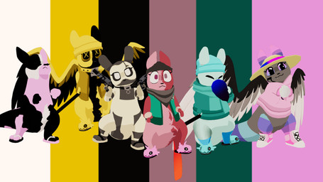 bone clothing colorful_background comfy cozy female group gun male mask masquerade_mask pattern_background ranged_weapon simple_background weapon abbeydodds bungie destiny_(series) destiny_2 rain_world squid_game videocult abbey_(abbeydodds) slugcat 16:9 3d_(artwork) colorful_theme digital_media_(artwork) hi_res photography_(artwork) widescreen