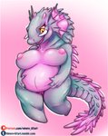 anthro anthrofied breasts claws fangs female genitals grey_body hi_res holding_belly horn kaiju lizzie_(rampage) multicolored_body nipples non-mammal_breasts non-mammal_nipples open_mouth open_smile overweight overweight_anthro overweight_female pink_body pussy rampage_(film) simple_background smile solo spikes tail teeth text two_tone_body url vipery-07 yellow_eyes