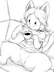 anthro beverage bottomless box clothed clothing coffee container cup digitigrade featureless_crotch female holding_container holding_cup holding_object in_box in_container shirt shirt_only simple_background sitting solo spread_legs spreading topwear topwear_only white_background winick-lim undertale undertale_(series) temmie_(undertale) tem 2024 3:4 greyscale monochrome