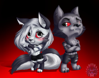 anthro arms_bent big_head black_body black_claws black_fur black_nose blush chibi claws clothing crossed_arms daww digitigrade duo ear_piercing eye_scar eyelashes facial_scar female fluffy fluffy_tail fur grey_body grey_fur grey_hair hair head_tuft inner_ear_fluff leggings legwear male multicolored_body multicolored_fur piercing red_sclera scar standing straight_legs tail tail_tuft toe_claws torn_clothing tuft white_body white_eyes white_fur cuervo-of-cristal hellaverse helluva_boss mythology loona_(helluva_boss) vortex_(helluva_boss) canid canid_demon canine demon hellhound mammal mythological_canine mythological_creature 2021 absurd_res hi_res