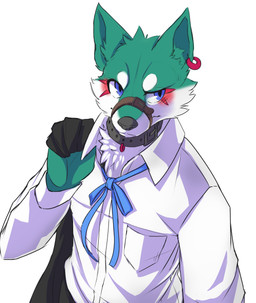 anthro blue_eyes blush cheek_tuft chest_tuft clothed clothing collar facial_markings facial_tuft front_view fur glistening glistening_eyes green_body green_fur grey_collar head_markings head_tuft looking_aside male markings mouth_closed muzzle_(object) muzzled pupils red_markings slit_pupils solo standing topwear tuft white_body white_clothing white_fur white_topwear kuttoyaki canid canine canis mammal wolf absurd_res full-length_portrait hi_res portrait