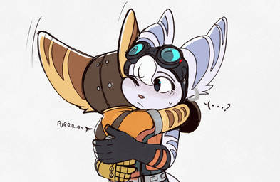 anthro clothed clothed_anthro clothed_female clothed_male clothing cybernetic_arm cybernetic_limb duo ear_piercing ear_ring ellipsis eyewear eyewear_on_head female fur gloves goggles goggles_on_head hair handwear hug male male/female one_eye_closed piercing purring question_mark ring_piercing text white_body white_fur white_hair yellow_body yellow_fur time_fluffy500 ratchet_and_clank sony_corporation sony_interactive_entertainment ratchet_(ratchet_and_clank) rivet_(ratchet_and_clank) lombax mammal