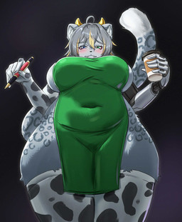 animal_print anthro apron apron_only barista big_breasts blush breasts camel_toe clothing cow_print cybernetic_arm cybernetic_limb fake_horns fangs female heterochromia holding_object legwear looking_at_viewer looking_down low-angle_view sabertooth_(anatomy) slightly_chubby slightly_chubby_anthro slightly_chubby_female solo squish teeth thick_thighs thigh_highs thigh_squish wide_hips dalebi annastasija_(valerijs) felid mammal pantherine snow_leopard absurd_res hi_res