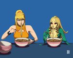 black_sclera blonde_hair blue_eyes chopsticks cuff_(restraint) duo eating female female/female fin food hair head_fin long_hair meat noodles ponytail red_eyes restraints scales slurping split_form wrist_cuffs wristband jiggernut league_of_legends metroid nintendo riot_games tencent nami_(lol) samus_aran human humanoid mammal marine merfolk scalie absurd_res hi_res