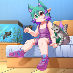 5_fingers ambiguous_gender aquarium bed blush clothing collar ear_tuft feral fingers furniture heterochromia humanoid_pointy_ears inside multi_ear on_bed pointy_and_animal_ears pointy_ears sitting tuft vivarium young choki amphibian animal_humanoid aquatic arachnid arthropod axolotl canid canid_humanoid canine canine_humanoid domestic_cat felid feline felis fox_humanoid humanoid mammal mammal_humanoid mole_salamander salamander spider 1:1 2026 hi_res