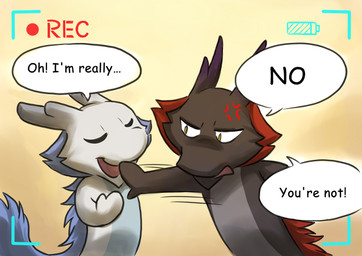 angry anthro blue_eyes blue_hair camera_view dialogue duo eyes_closed fur hair male open_mouth recording red_hair speech_bubble text jc_(artist) dragonbros mythology ebby silvvy dragon furred_dragon furred_scalie mythological_creature mythological_scalie scalie 2013 english_text
