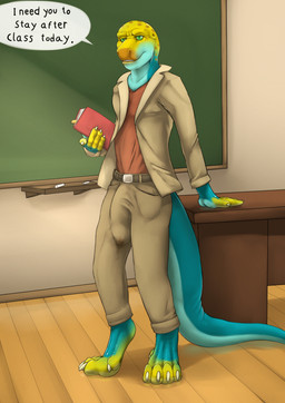 5_fingers 5_toes against_desk against_furniture against_surface anthro balls belt big_penis biped blue_body blue_scales bodily_fluids book bottomwear bulge chalk chalkboard classroom claws clothed clothing desk detailed_bulge dialogue extra_credit feet fingers front_view fully_clothed furniture genital_fluids genital_outline genitals green_eyes grin half-erect humanoid_genitalia humanoid_penis implied_audience information_board inside jacket looking_at_viewer male pants penis penis_outline precum red_clothing red_shirt red_topwear scales school shirt smile solo speech_bubble standing table tail tan_bottomwear tan_clothing tan_jacket tan_pants tan_topwear teacher teeth text thick_penis thick_tail toe_claws toes topwear wet wet_clothing yellow_body yellow_scales lizardlars monroe_lehner collared_lizard common_collared_lizard lizard reptile scalie 2016 absurd_res digital_media_(artwork) english_text hi_res story story_in_description