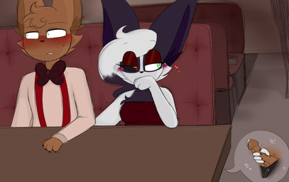 anthro blush bodily_fluids booth_seating bow_(feature) bow_tie clothed clothing cum duo embarrassed erection female furniture genital_fluids genitals hair handjob humanoid_genitalia humanoid_penis humiliation long_hair looking_away makeup male male/female penile penis pubes public public_humiliation restaurant sex short_hair sitting suspenders under_table nebulilac ace_(nebulilac) amber_(nebulilac) 2019 digital_media_(artwork) hi_res