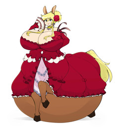 accessory armwear big_breasts blonde_hair blue_eyes breasts brown_body brown_fur clothed clothed_taur clothing dress elbow_gloves female flower flower_accessory flower_in_hair fur gloves hair hair_accessory handwear holding_fan hooves horse_ears horse_tail hyper hyper_pregnancy jewelry lipstick low_cut_dress makeup plant pregnant pregnant_female pregnant_taur simple_background solo standing taur_lower_pregnancy zeruxu european_mythology greek_mythology mythology estelle_bellegarde centaur equid equid_taur humanoid_taur mammal mammal_taur taur absurd_res hi_res