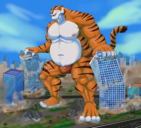 anthro armpit_hair belly belly_tuft biceps body_hair building building_destruction bulge calf_muscles city city_destruction clothing destruction fur macro male musclegut muscular muscular_arms muscular_legs muscular_male navel nipples orange_body orange_fur pecs quads solo striped_body striped_fur stripes tail trapezius tuft underwear whiskers white_body white_fur yellow_sclera jabuhusky disney the_jungle_book shere_khan felid mammal pantherine tiger hi_res
