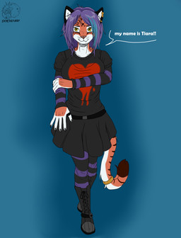 anthro black_body black_fur blue_hair brown_nose clothing female footwear fur hair nails orange_body orange_fur purple_hair socks solo white_body white_fur yellow_eyes allartskye tyara_(allartskye) felid mammal pantherine tiger hi_res