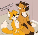 anthro blush dialogue duo fur hair humor imminent_sex male simple_background size_difference smile tail text olly_fox chris_(raposanaranja) canid canine canis fox mammal maned_wolf colored digital_media_(artwork) hi_res spanish_text translated