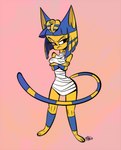 anthro bangs blue_ears blue_hair clothing dress female glistening_eyelids hair markings mouth_closed narrowed_eyes simple_background snaggle_tooth solo striped_markings striped_tail stripes tail tail_markings toony wrappings wraps yellow_body yellow_face yellow_inner_ear themrock animal_crossing nintendo ankha_(animal_crossing) domestic_cat felid feline felis mammal digital_media_(artwork) full-length_portrait portrait