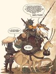 ambiguous_gender antennae_(anatomy) armor barrel big_breasts boots breasts brown_boots brown_clothing brown_footwear brown_gloves brown_handwear clothed clothed_female clothing collar dialogue female feral footwear gastropod_shell gloves group hair handwear heart_symbol knight lance melee_weapon mollusk_shell phallic_plant polearm quadruped riding saddle scarf shell shoes speech_bubble sword sword_on_back tail text warrior weapon wearing_hat wearing_helmet white_hair rapscallion dwarf gastropod human mammal mollusk slug waddledog 2024 3:4 english_text hi_res
