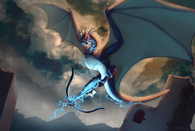 ambiguous_gender arrow_(weapon) blue_body bow_(weapon) electricity feral flying holding_bow_(weapon) holding_object holding_ranged_weapon holding_weapon lightning membrane_(anatomy) membranous_wings ranged_weapon shooting solo tail weapon wings virensere european_mythology mythology dragon mythological_creature mythological_scalie scalie western_dragon wyvern full-length_portrait portrait