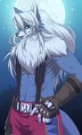 5_fingers abs anthro belt biceps black_nose blue_body blue_fur bottomwear claws clothed clothing fingers fur gloves hair handwear long_hair looking_at_viewer male moon muscular muscular_anthro muscular_male night open_mouth outside pants pecs sky solo star starry_sky topless white_hair 68_(artist) legendz wolfy_the_werewolf canid canine canis mammal wolf