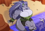 anthro beach big_breasts biped breasts cleavage clothed clothing female grey_body hair huge_breasts long_hair macro muscular muscular_female outside scar sitting solo_focus thick_thighs mklancer00 avian bird fish gull lari larid mackerel_shark marine megalodon prehistoric_species shark