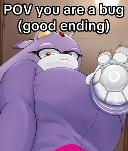 anthro big_breasts breasts clothed clothing container cup eyelashes female fingers holding_container holding_cup holding_object looking_at_viewer low-angle_view pupils purple_body purple_clothing solo text mylifeamovie sega sonic_the_hedgehog_(series) blaze_the_cat domestic_cat felid feline felis mammal hi_res