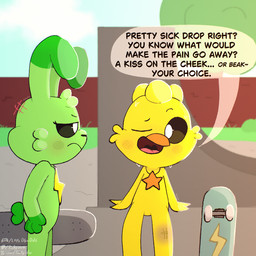angry annoyed anthro beak blush blush_lines bodily_fluids bruised bruised_leg charm_(jewelry) cross-popping_vein duo feathers female flirting frown fur grass green_body green_fur jewelry male necklace one_eye_closed paws plant shrub sitting skate_park skateboard speech_bubble sweat sweatdrop tail text tongue tree vehicle wall_(structure) yellow_body tinky mob_entertainment poppy_playtime smiling_critters hoppy_hopscotch kickinchicken avian bird chicken galliform lagomorph mammal phasianid 1:1 english_text url