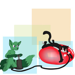 air_inflation air_puff anthro balloon balloon_fetish balloon_support black_body black_fur cloud_emanata duo emanata fur green_body green_fur hose hose_inflation inflatable inflatable_ride inflatable_support inflating inflating_balloon inflation kneeling latex lying lying_on_balloon male on_balloon on_front paws pump pumping purple_eyes raised_tail red_eyes tail jearic alan_greenspan windscar canid canine domestic_cat felid feline felis fox mammal 1:1 2013 hi_res