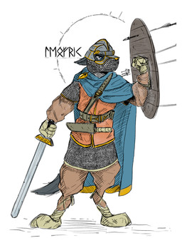 anthro arrow_(weapon) belt belt_buckle belt_pouch blue_eyes boots bottomwear buckle chainmail clothing eyebrows footwear fur gloves handwear male melee_weapon pants ranged_weapon robe shield shirt shoes solo sword tail text topwear weapon mawkvlt canid canine canis mammal wolf 3:4 hi_res