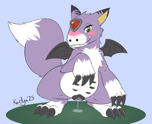 animal_genitalia animal_vulva bat_wings blush blush_lines canine_genitalia canine_vulva claws crouching female feral forehead_gem fur gem genitals leaking_vagina markings membrane_(anatomy) membranous_wings purple_body purple_fur simple_background slightly_chubby slightly_chubby_female solo teats teeth vulva white_markings wings kerilyn bandai_namco digimon amara_(kerilyn) digimon_(species) dorumon x-digimon 2025 hi_res