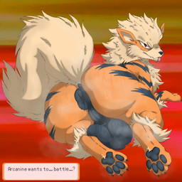 anus backsack balls balls_on_ground big_balls big_butt black_anus black_balls black_pawpads bodily_fluids butt dialogue_box feral fur genitals looking_at_viewer looking_back lying male male_feral musk musky_anus musky_balls orange_body orange_fur pawpads paws perineum puffy_anus rear_view red_eyes solo stripes sweat sweaty_anus sweaty_balls sweaty_butt sweaty_genitalia tail tan_body tan_fur text tongue tongue_out knil_(artist) nintendo pokemon arcanine canid canine generation_1_pokemon mammal pokemon_(species) 1:1 english_text hi_res