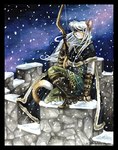 anthro archer black_border border bow_(weapon) clothed clothing crenelations detailed_background female fully_clothed holding_object holding_weapon night on_battlements outside ranged_weapon sky snow snowing solo tail weapon tracy_j._butler domestic_cat felid feline felis mammal traditional_media_(artwork)