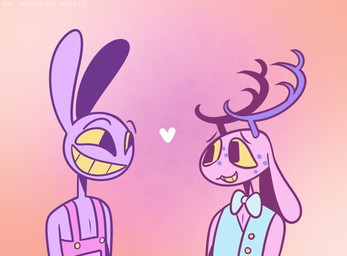 anthro antlers bow_tie clothed clothed_anthro clothing fur horn overalls pink_clothing pink_overalls purple_body purple_fur rabbit_ears yellow_eyes yumeship bardo_en_krisis glitch_productions the_amazing_digital_circus jax_(tadc) animal_humanoid hare humanoid jackalope lagomorph lagomorph_humanoid leporid leporid_humanoid mammal mammal_humanoid rabbit rabbit_humanoid hi_res nonbinary_(lore)