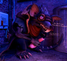 alley animal_genitalia animal_penis anthro balls balls_on_ground bandage bodily_fluids canine_genitalia canine_penis claws clothed clothing crouching cum dialogue erection exhibitionism eyewear flashing forced genital_fluids genitals goggles kerchief knot leaking leaking_cum male masturbation night outside partially_clothed penis profanity public public_exposure public_nudity skinny smile solo tail text toothy_grin voyeur 3drats league_of_legends riot_games tencent twitch_(lol) mammal murid murine rat rodent 3d_(artwork) blender_(artwork) digital_media_(artwork) english_text