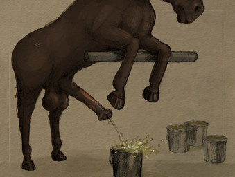 anatomically_correct anatomically_correct_genitalia animal_genitalia animal_penis balls big_balls bodily_fluids brown_body equine_genitalia equine_penis excessive_urine feral genital_fluids genitals hooves male peeing_into_bucket peeing_into_container penis realistic_feral simple_background solo urine watersports otterdock equid equine mammal digital_drawing_(artwork) digital_media_(artwork) monochrome sepia