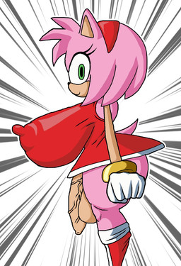 anthro balls big_balls big_breasts big_penis bracelet breasts clothing dress eyelashes flaccid foreskin genitals gloves green_eyes gynomorph handwear huge_breasts intersex jewelry nipples_visible_through_clothing penis pink_body side_view smile solo tail tan_body tan_skin thick_thighs 2-ban sega sonic_the_hedgehog_(series) amy_rose eulipotyphlan hedgehog mammal
