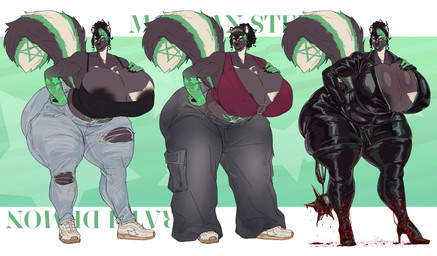 anthro big_breasts big_tail biped blood blood_on_clothing blood_on_object blood_on_weapon bodily_fluids bodysuit boots bottomwear breasts camisole clothing curly_hair curvy_figure denim denim_bottomwear denim_clothing ear_piercing facial_piercing female flail footwear fur gradient_arms green_body green_eyes green_fur green_highlights grey_body grey_fur hair high_heeled_boots high_heels highlights_(coloring) huge_breasts huge_hips huge_thighs jeans looking_at_viewer melee_weapon multiple_outfits occult_symbol open_bodysuit pants pentagram piercing shoes skinsuit smile sneakers solo symbol tail text thick_thighs tight_clothing torn_bottomwear torn_clothing torn_jeans torn_pants voluptuous weapon white_body white_fur wide_hips womb_tattoo ghangaji morgan_stern mammal mephitid skunk character_name hi_res model_sheet