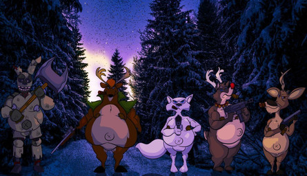3_toes 4_fingers 5_toes aiming aiming_at_viewer aiming_gun aiming_weapon angry anthro antlers axe belly big_belly big_tail biped black_eyes black_hooves black_nose blue_eyes bottomless bottomless_anthro bottomless_male brown_body brown_fur brown_nipples bulge casual_nudity cheek_tuft chest_tuft chin_tuft cigar cigar_in_mouth cigar_smoke cigarette cigarette_in_mouth cigarette_smoke clothed clothing evergreen_tree facial_tuft featureless_crotch feet fingers fivesome fluffy fluffy_tail forest front_view fur glaring_at_viewer green_veins group gun hair handgun holding_axe holding_gun holding_handgun holding_machine_gun holding_object holding_pistol holding_ranged_weapon holding_rifle holding_shotgun holding_weapon hooved_plantigrade hooved_toes hooves horn humanoid_feet hunter hunting long_ears looking_at_viewer machine machine_gun male moobs multicolored_body multicolored_fur navel nipples nude nude_anthro nude_male object_in_mouth open_clothing open_mouth open_topwear open_vest orange_hair outdoor_nudity outie_navel outside overweight overweight_anthro overweight_male paws pecs photo_background pine_tree pink_nipples pistol plant plantigrade ranged_weapon red_nose revenge rifle scut_tail shadow short_tail shotgun smoke smoking smoking_cigar smoking_cigarette snaggle_teeth snow standing tail tan_body tan_fur thick_calves thick_thighs toes topwear topwear_only tree tuft two_tone_body two_tone_fur two_tone_tail vengeance vest vest_only weapon weight_gain white_body white_fur white_sclera winter cowboyraccoon arctic_dogs deer_avenger five_nights_at_freddy's five_nights_at_freddy's_3 open_season scottgames bambo elliot_(open_season) rudolph_the_red-nosed_reindeer springtrap_(fnaf) swifty_(arctic_dogs) william_afton_(fnaf) animatronic arctic_fox canid canine deer fox lagomorph leporid mammal new_world_deer rabbit reindeer robot true_fox 2023 colored crossover digital_drawing_(artwork) digital_media_(artwork) mixed_media photography_(artwork) shaded