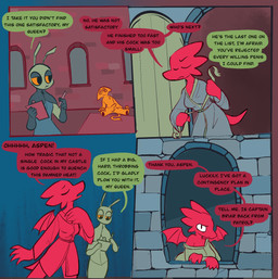 ambiguous_gender anthro balls bathrobe clipboard clothing dialogue female genitals humanoid_genitalia humanoid_penis looking_out_window male nude nude_anthro nude_male penis robe robe_only speech_bubble spiral spiral_eyes stone_wall text tying_clothes wall_(structure) window vanilla_candy mythology unicorn_blood_(comic) aspen_(vanilla_candy) cayenne_(vanilla_candy) arthropod dragon mythological_creature mythological_scalie scalie unknown_species comic english_text hi_res restricted_palette