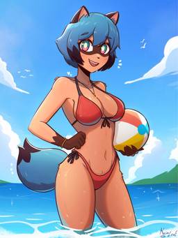 anthro ball beach_ball bikini blue_body blue_eyes blue_hair breasts brown_body brown_fur cleavage clothed clothing detailed_background female fur hair inflatable navel open_mouth outside partially_submerged seaside side-tie_bikini side-tie_clothing side-tie_swimwear sky solo standing_in_water string_bikini swimwear tail two-piece_swimsuit water kainleaf brand_new_animal netflix studio_trigger michiru_kagemori canid canine canis mammal raccoon_dog tanuki 3:4 digital_media_(artwork) hi_res